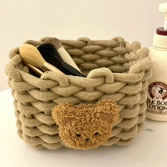 Rynx | Into Kawai Desktop Storage Basket Korea Bear Cotton Linen Woven Basket Cute Cosmetic Make-up Small Items Storage Basket Organizer Box