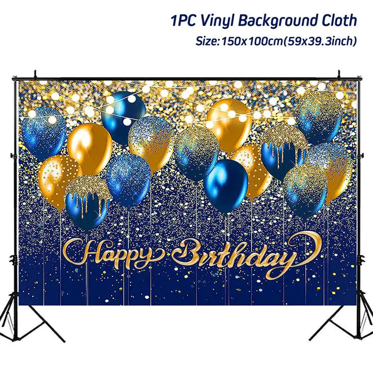 Rynx | Gold Glitter Happy Birthday Party Backdrop - Black Adult Theme Photo Decoration, DIY Backdrops for Party Supplies