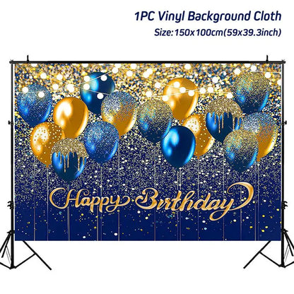 Rynx | Gold Glitter Happy Birthday Party Backdrop - Black Adult Theme Photo Decoration, DIY Backdrops for Party Supplies