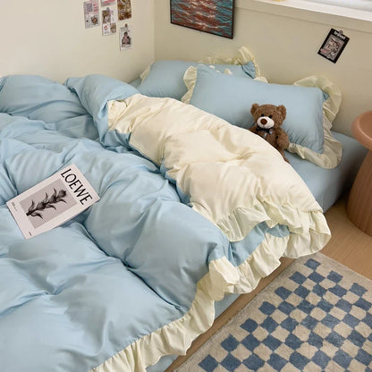 Rynx | Ins Princess Bedding Set 2024 New Duvet Cover Fresh Blue Solid Floral Crinkled Yann Bed Set of four pieces Bed Sheet