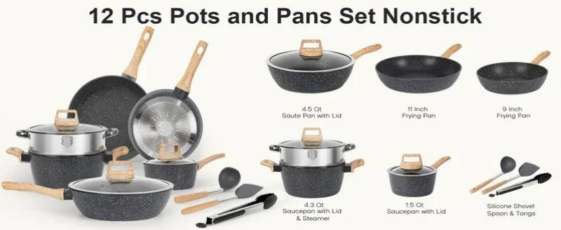 Rynx | SODAY 12 Piece Granite Nonstick Cookware Set - Induction Compatible Kitchen Pots and Pans