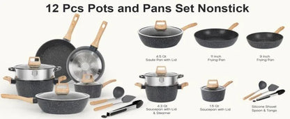 Rynx | SODAY 12 Piece Granite Nonstick Cookware Set - Induction Compatible Kitchen Pots and Pans