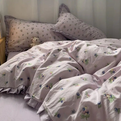 Rynx | French Style Bedding Set Pastel Colored Grape Double-layered Gauze Light Purple Wash Cotton Duvet Cover Bed Sheet Blanket