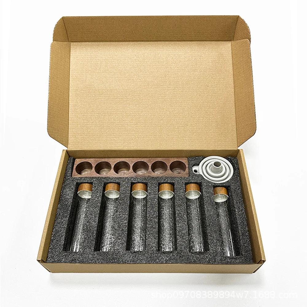 Rynx | Stylish Walnut Base Coffee Bean Display Organizer with Elegant Glass Tubes