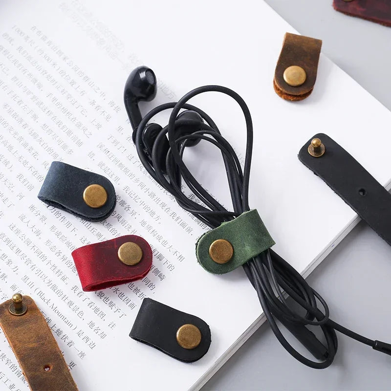 Rynx | Genuine Leather Cable Organizer – Vintage Earphone and Data Line Clips, Cable Winder Tie for Cable Management, Office Use