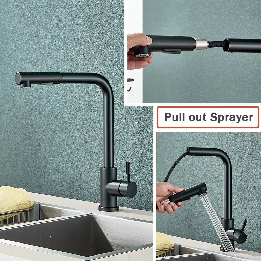 Rynx | Black Pull Out Kitchen Sink Faucet - Flexible 2 Modes Stream & Sprayer Nozzle, Stainless Steel Hot Cold Water Mixer Tap Deck