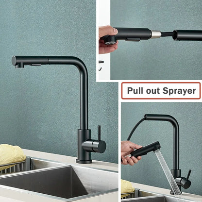 Rynx | Black Pull Out Kitchen Sink Faucet - Flexible 2 Modes Stream & Sprayer Nozzle, Stainless Steel Hot Cold Water Mixer Tap Deck