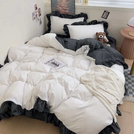 Rynx | Ins Princess Bedding Set 2024 New Duvet Cover Fresh Blue Solid Floral Crinkled Yann Bed Set of four pieces Bed Sheet