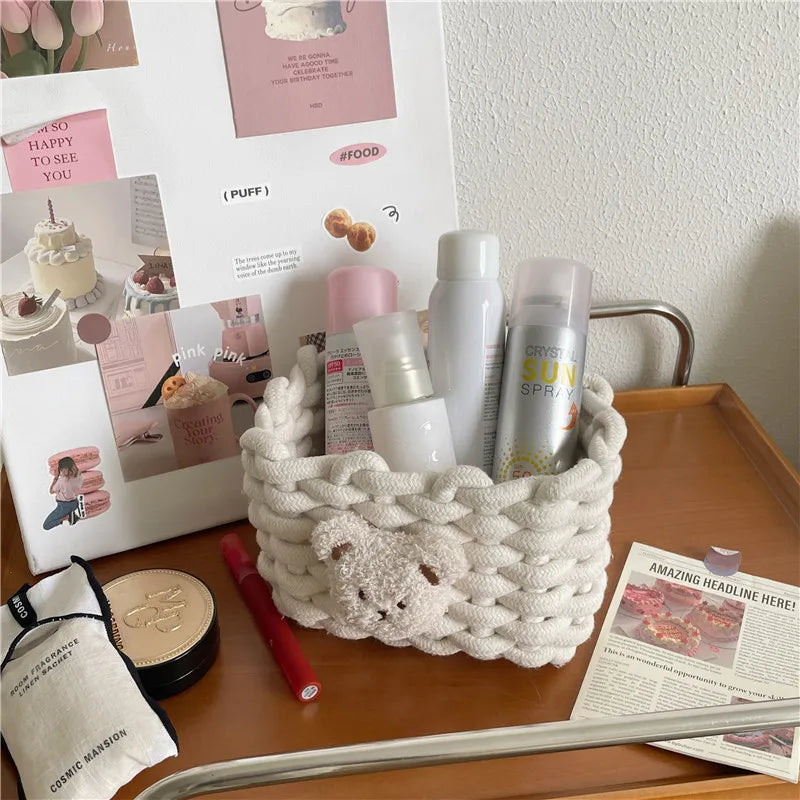 Rynx | Into Kawai Desktop Storage Basket Korea Bear Cotton Linen Woven Basket Cute Cosmetic Make-up Small Items Storage Basket Organizer Box