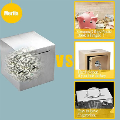 Rynx | Stainless Steel Piggy Bank - Large-Capacity Coin Box with 'Only In, No Export' Design for Kids' Money Savings