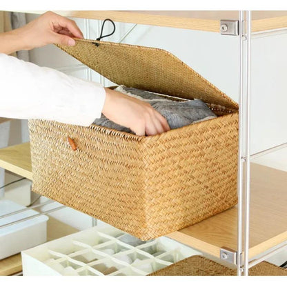 Rynx | Natural Seaweed Laundry Basket with Lid - Stylish Basket for Bath Items, Cosmetics, and Towels