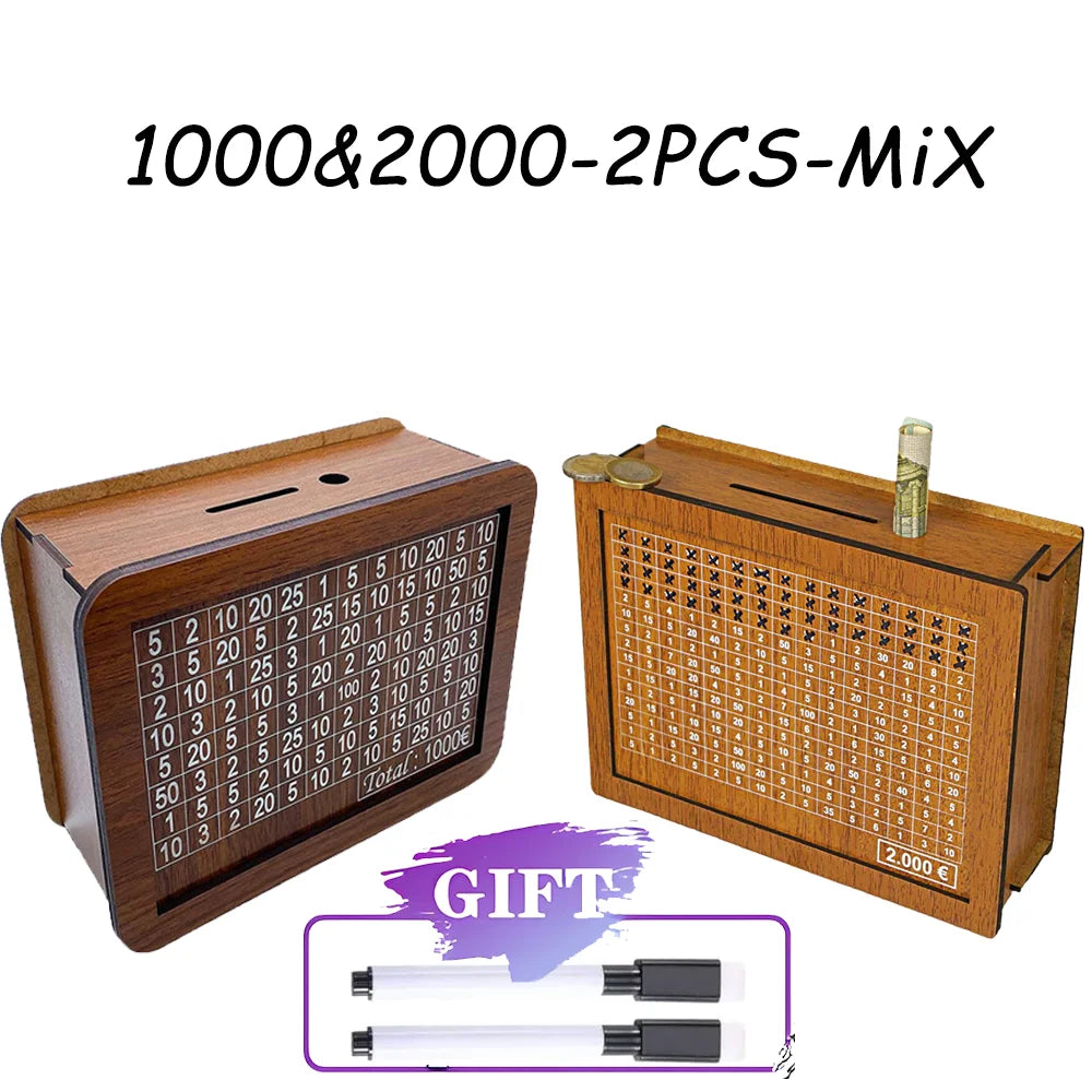 Rynx | Reusable Wooden Piggy Bank - Euro Money Box in 1000/2000/3000/5000 Sizes with Saving Goals and Number Boxes