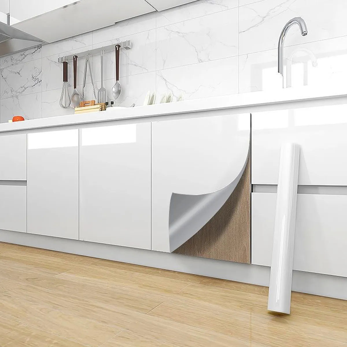 Rynx | Pearl White PVC Self-Adhesive Wallpaper - DIY Decorative Film for Furniture Renovation, Waterproof Wall Paper for Kitchen Cabinets