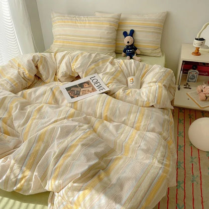 Rynx | Korean bedding set INS girl striped soft washed cotton sheet set queen king size duvet set pillowcases bedding