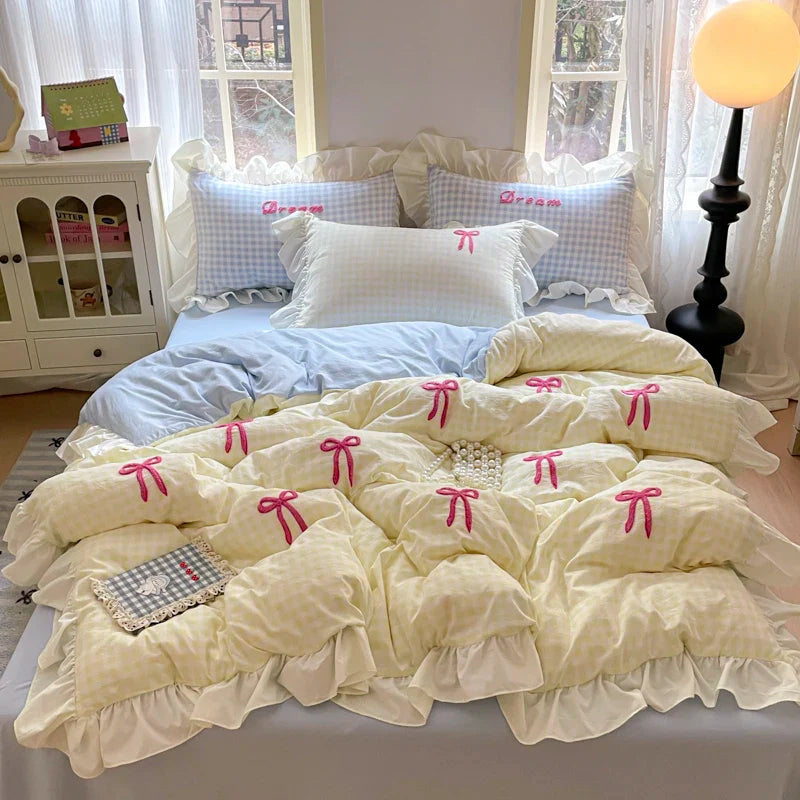 Rynx | Prinzessinnen Bettwäsche Set Spitze Schleife Rosa Karomuster 4-teilig Bettdecke Bezug Blatt und Kissenbezug Soft Romantisch Für Mädchen