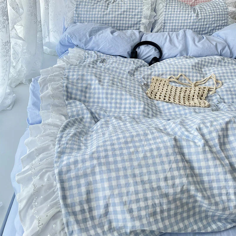 Rynx | Korean Princess Style Grid Double Layer Lace Bedding Set Soft Duvet Cover Check Pattern Bed Covers Set Bed Sheets Pillow Covers