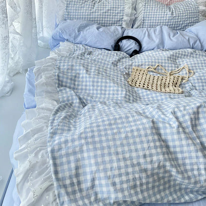 Rynx | Korean Princess Style Grid Double Layer Lace Bedding Set Soft Duvet Cover Check Pattern Bed Covers Set Bed Sheets Pillow Covers