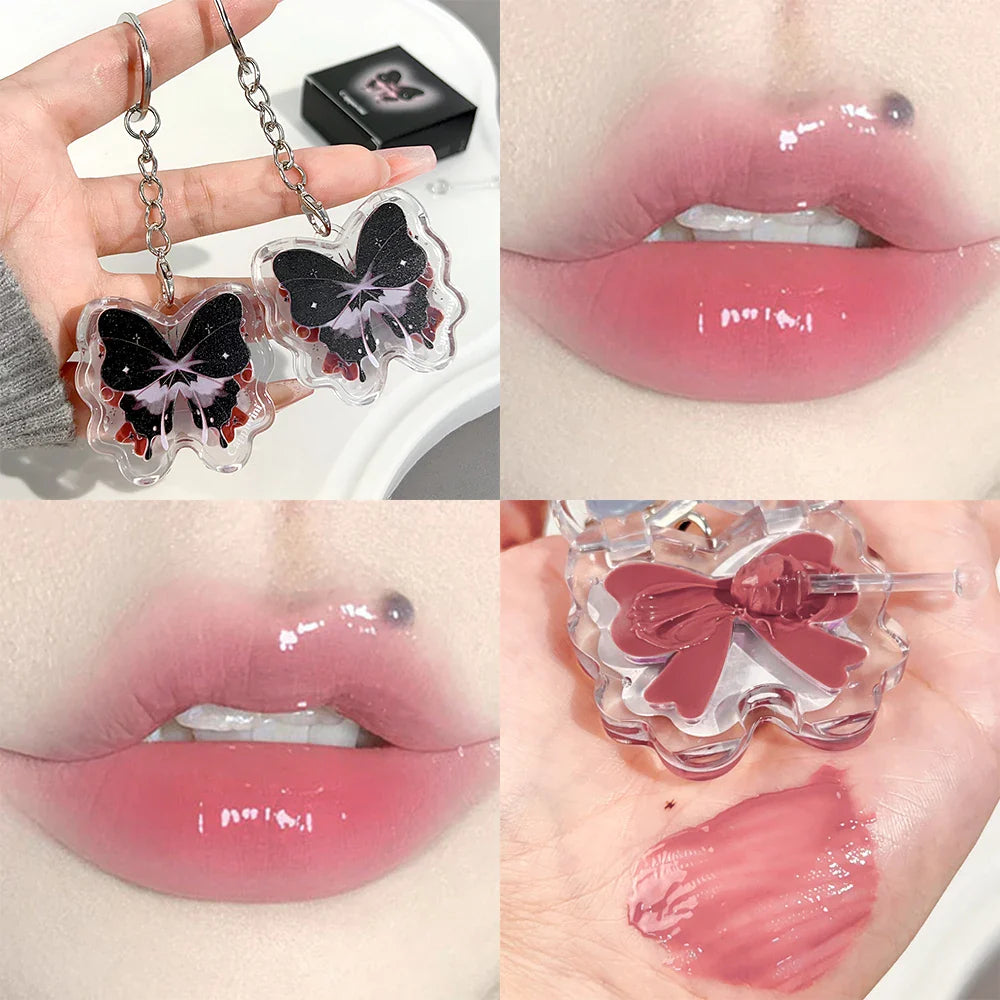 Rynx | Moisturizing Keyring Lipstick Mirror Water Korean Lip Lacquer Long-lasting Non-Sticky Cup Jelly Butterfly Liquid Lipstick Cosmetics
