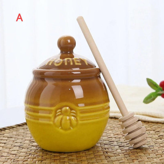 Rynx | Charming Vintage Ceramic Honey Jars with Wooden Dipper - Stylish Kitchen Decoration