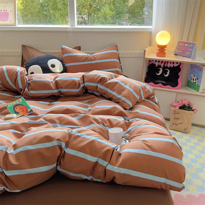 Rynx | INS Stripes Bedding Comforter Set Pillowcase Bed Sheet Twin Full Size Bedding Duvet Set Queen/King Double Twin