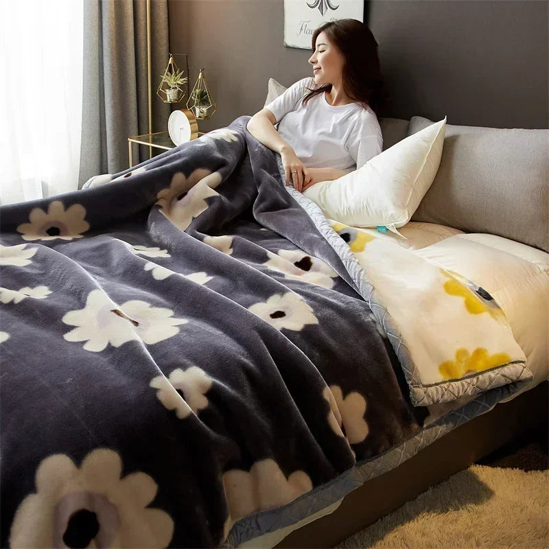 Rynx double-sided printed autumn winter blankets for the bed soft warm encrypted flocking crinkle blanket skin-friendly weighted blanket