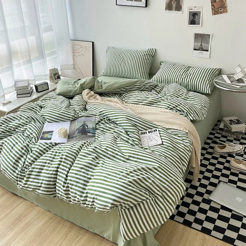 Rynx | Striped Plaid Series Bedding Comforter Sets Duvet Cover Sheet Set with Pillowcase Bedding Set for Queens/King Bed