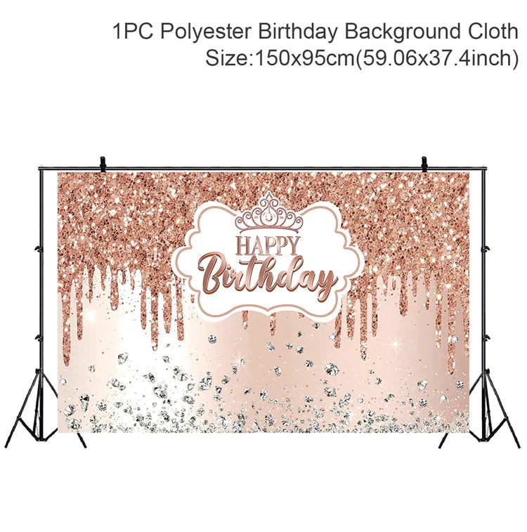 Rynx | Gold Glitter Happy Birthday Party Backdrop - Black Adult Theme Photo Decoration, DIY Backdrops for Party Supplies