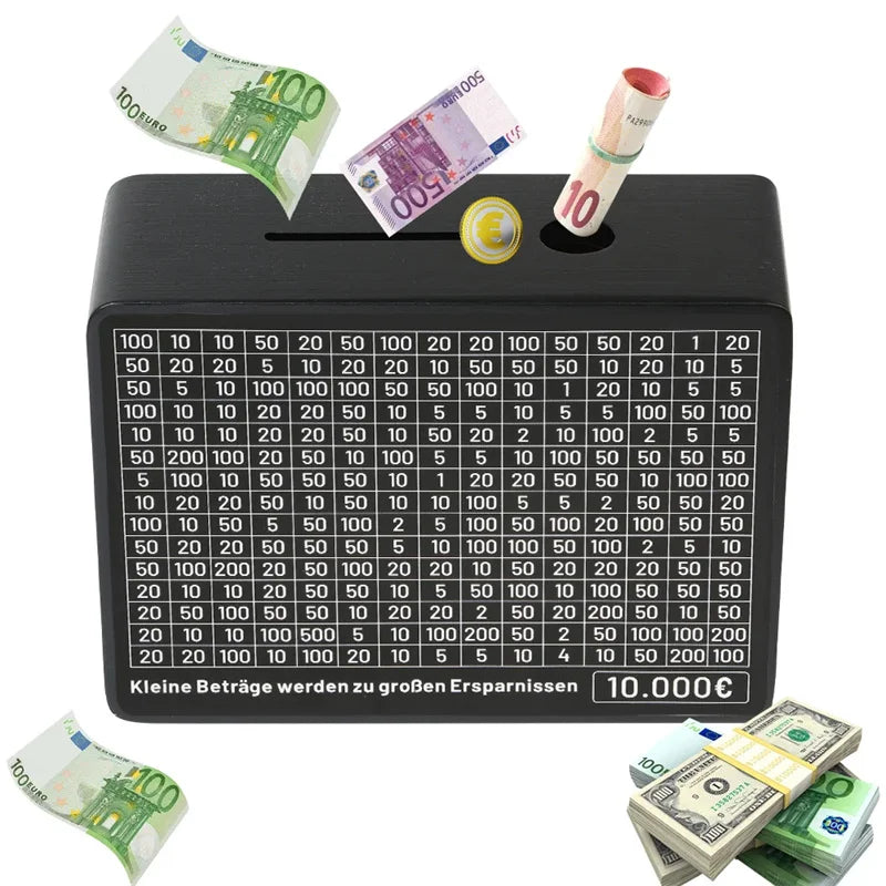 Rynx | Black Wooden Piggy Bank with Counter - Coin Bank for Saving Euros, Includes Paper Saving Goals and Numbers