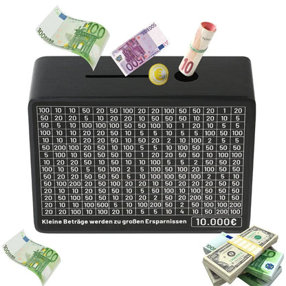 Rynx | Black Wooden Piggy Bank with Counter - Coin Bank for Saving Euros, Includes Paper Saving Goals and Numbers