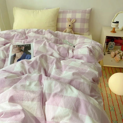 Rynx | Korean bedding set INS girl striped soft washed cotton sheet set queen king size duvet set pillowcases bedding