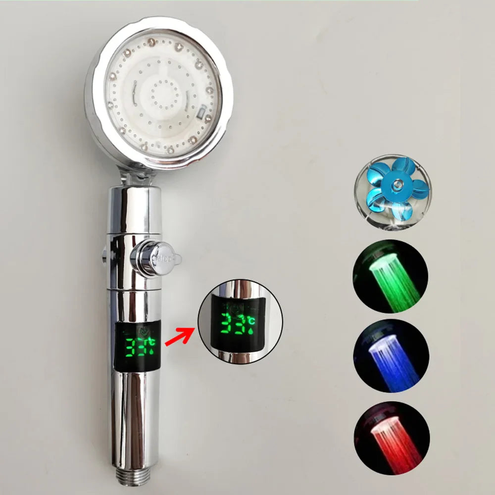 Rynx | LED Digital Temperature Display Shower Head | Black with Colorful Fan & Temperature Control | High Pressure Rainfall Bathroom Showerhead