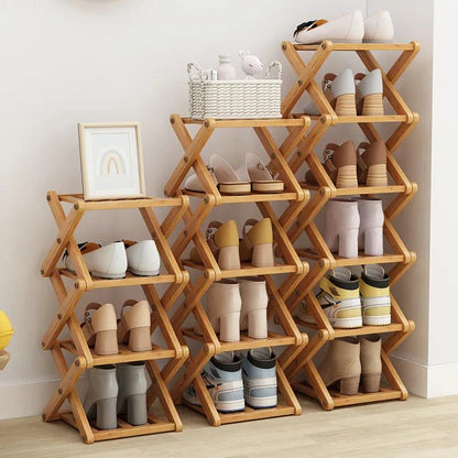 Rynx | Elegant expandable shoe rack made of bamboo with customizable shelf options