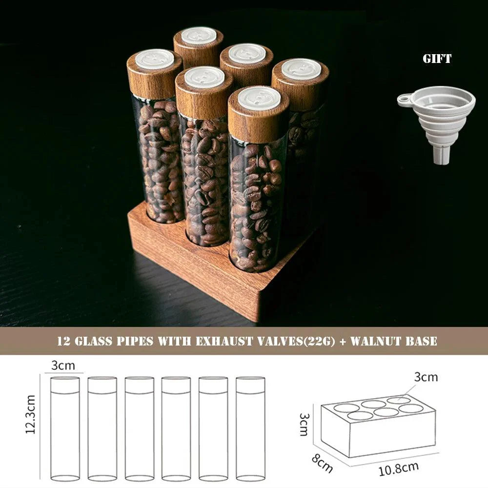 Rynx | Stylish Walnut Base Coffee Bean Display Organizer with Elegant Glass Tubes