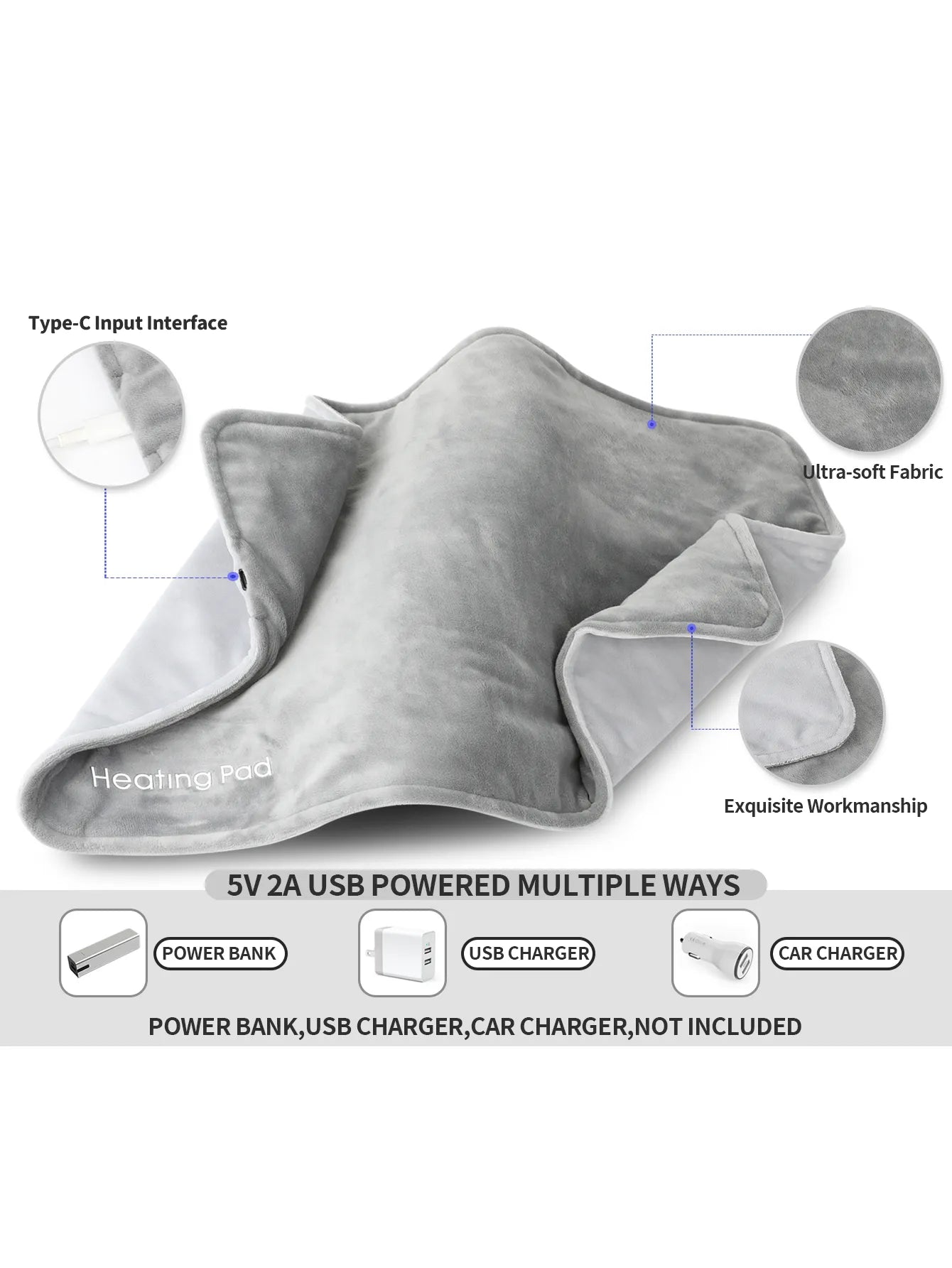 Rynx | Grey Mini Heated Blanket with USB 5V Electric Heating Pad - 19.6x11.8 Inch, Long 59 Inch Cable for Cramps & Back Pain Relief