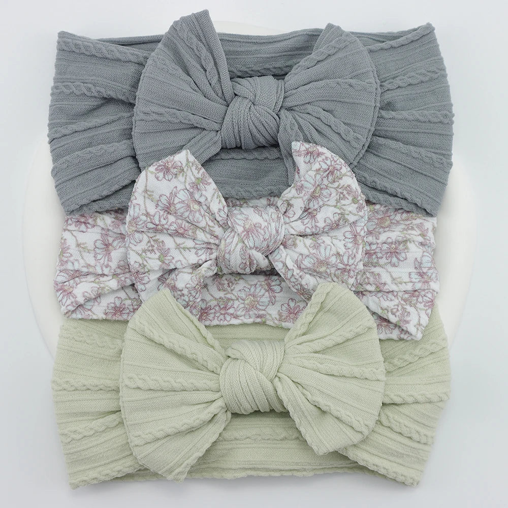Rynx | 3Pcs Baby Headband Set: Knit Bows, Elastic Nylon Turban