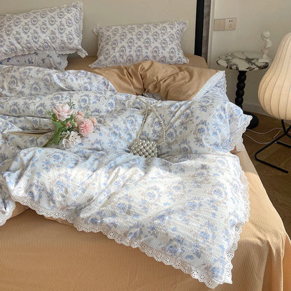 Rynx | Ins Floral Bettwäsche Set Spitze Romantisch Für Frauen Mädchen Flach Spannbetttuch Mit Orange Kissenbezügen Weiches Gewaschenes Baumwolle Vollgröße