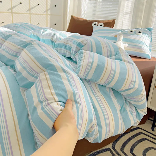 Rynx | Striped Bedding Comfort Set with Pillowcase Bed Sheet Twin Size Full Size Bedding Duvet Set Queen/King Double Twin Bed