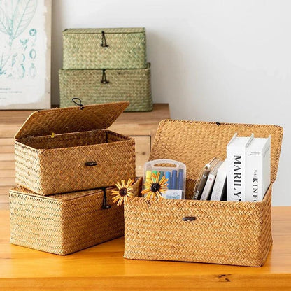 Rynx | Natural Seaweed Organizer Basket with Lid - Stylish Storage Solution for Cosmetics, Small Items, and Laundry