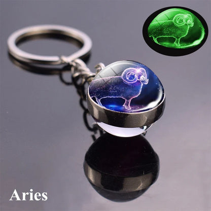 Rynx | New Luminous 12 Constellation Glass Ball Key Rings: Double Sided Zodiac Signs Keychain for Women - Glow in the Dark Birthday Gift