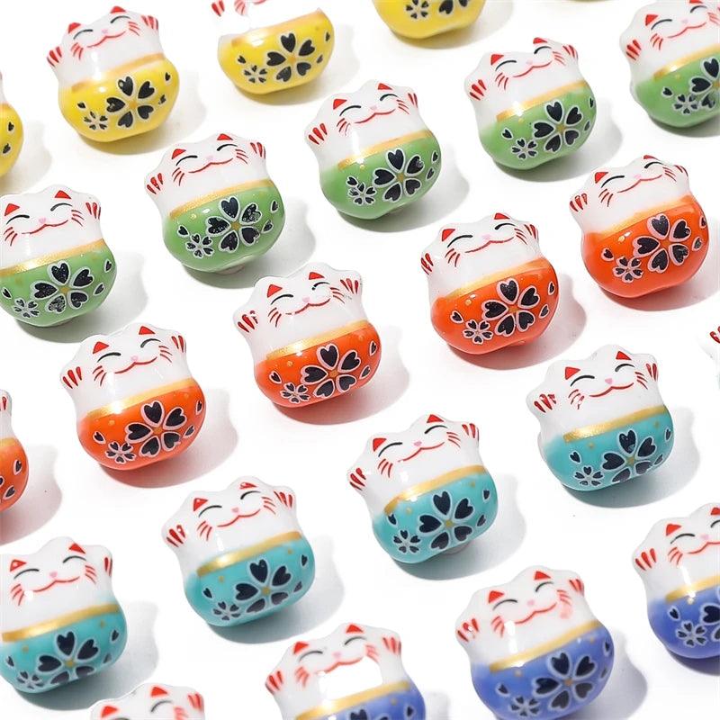 Rynx | Set of 2 Artisan 14mm Ceramic Lucky Cat Charms for Creative Jewelry Designs