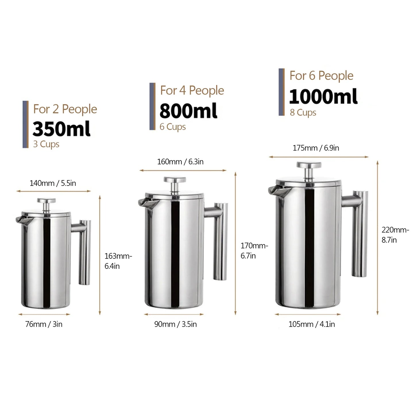 Rynx | 350ml/800ml/1000ml French Press Coffee Maker - Stainless Steel Double-Walled Insulated Coffee Pot