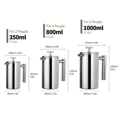 Rynx | 350ml/800ml/1000ml French Press Coffee Maker - Stainless Steel Double-Walled Insulated Coffee Pot