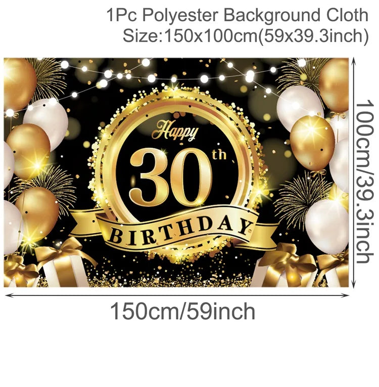 Rynx | Gold Glitter Happy Birthday Party Backdrop - Black Adult Theme Photo Decoration, DIY Backdrops for Party Supplies