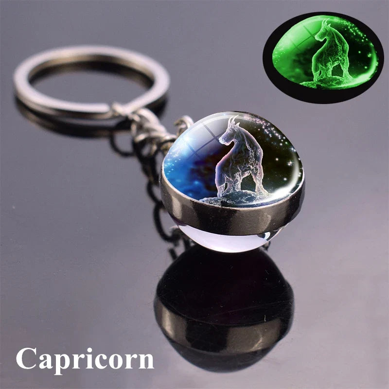 Rynx | New Luminous 12 Constellation Glass Ball Key Rings: Double Sided Zodiac Signs Keychain for Women - Glow in the Dark Birthday Gift