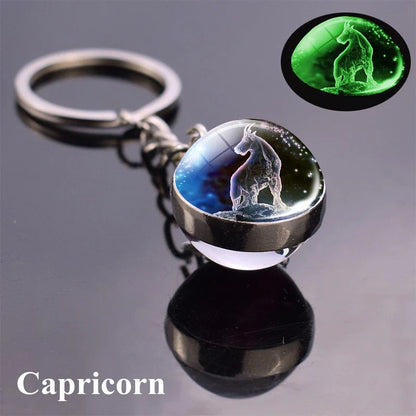 Rynx | New Luminous 12 Constellation Glass Ball Key Rings: Double Sided Zodiac Signs Keychain for Women - Glow in the Dark Birthday Gift