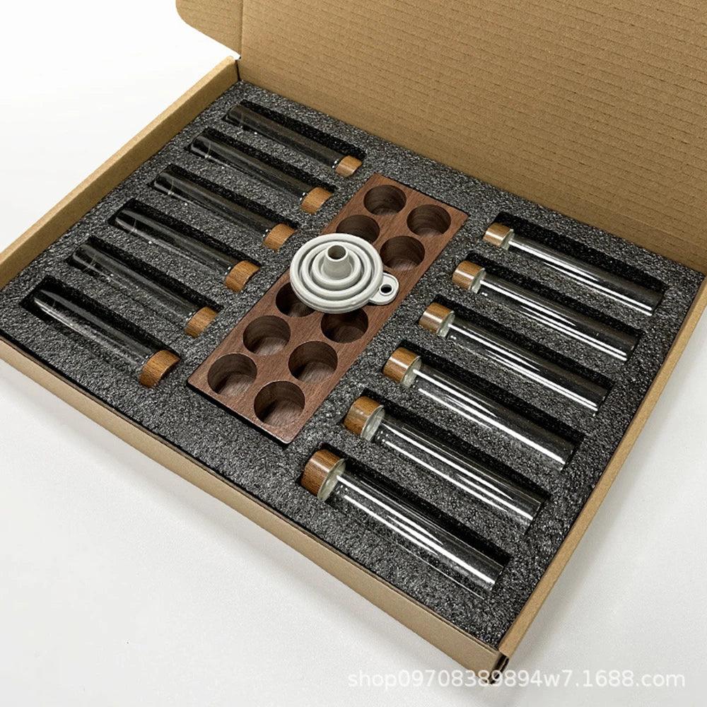Rynx | Stylish Walnut Base Coffee Bean Display Organizer with Elegant Glass Tubes
