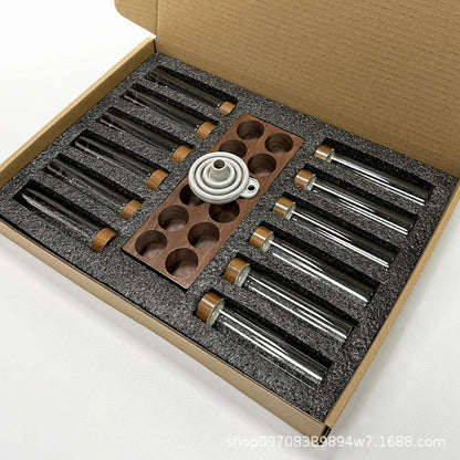 Rynx | Stylish Walnut Base Coffee Bean Display Organizer with Elegant Glass Tubes