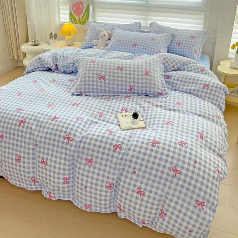 Rynx | In the Bow Duvet Cover Set without Filling Flat Linen Pillowcases Korean Style Twin Double Full Size Soft Girl Princess Bedding