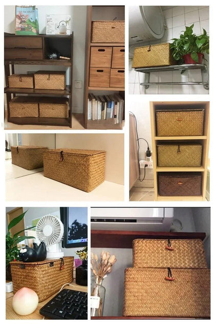 Rynx | Natural Seaweed Organizer Basket with Lid - Stylish Storage Solution for Cosmetics, Small Items, and Laundry