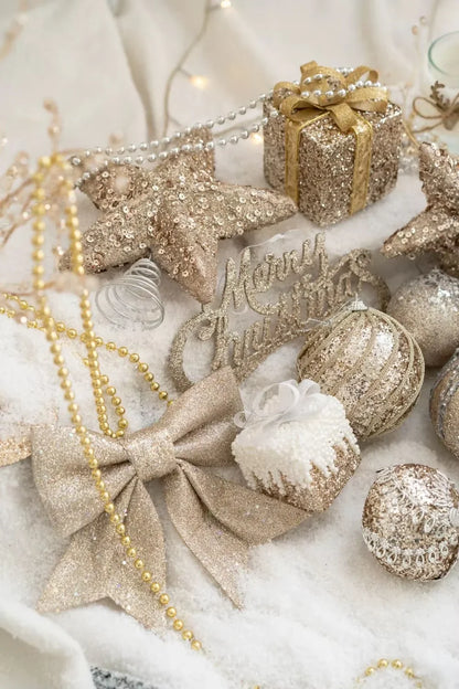 Rynx | 1 Set/New Christmas Tree Hanging Glittering Painted Colored Ball Gold Silver Champagne Glitter Stars Christmas New Year Decorating